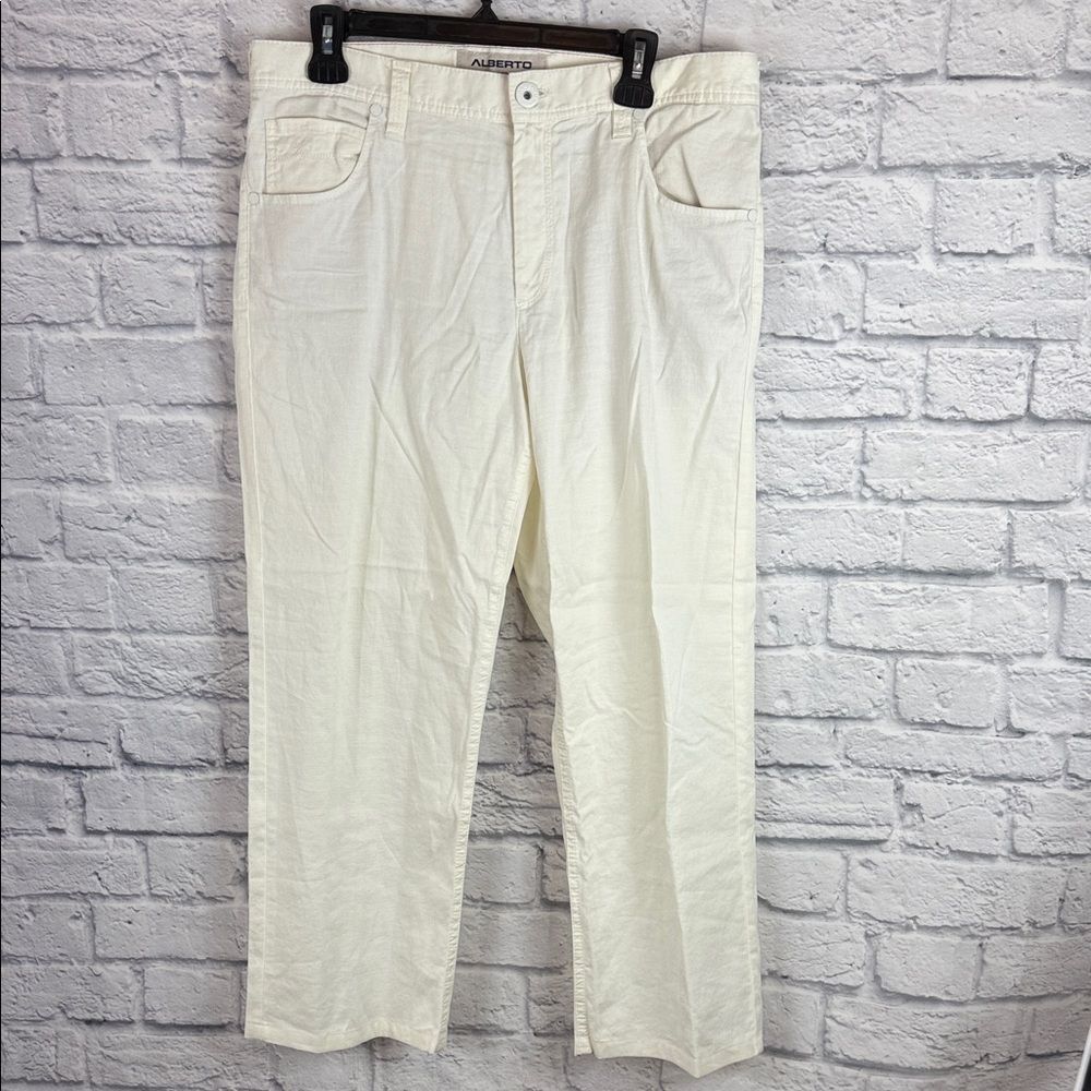 Alberto Men's Light Cream Chinos Linen Stretch 34x34